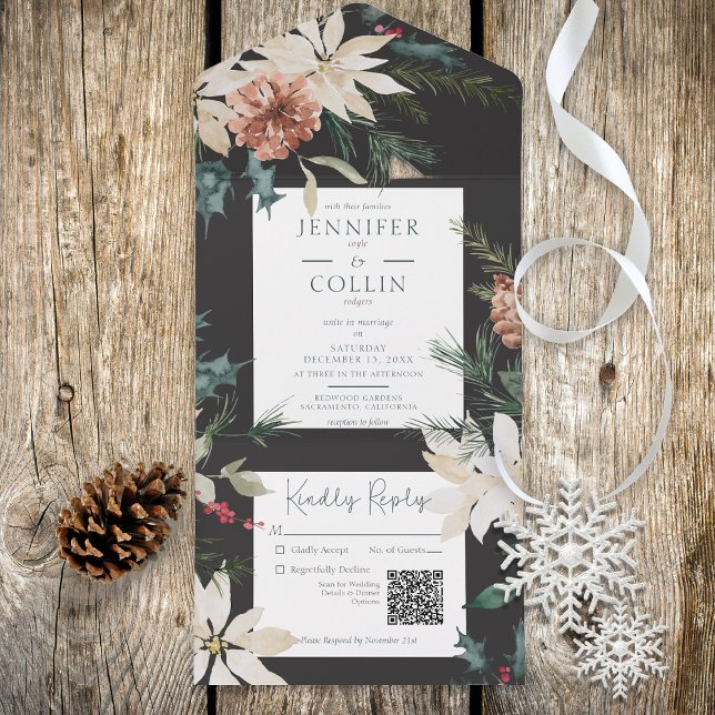 Rustic Christmas Pine Black QR Code All In One Invitation (Creator Uploaded)