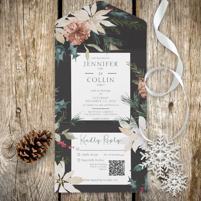 Rustic Christmas Pine Black QR Code All In One Invitation | Zazzle