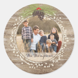 Rustic Christmas Pine Branch & Berries Wood Photo Classic Round Sticker
