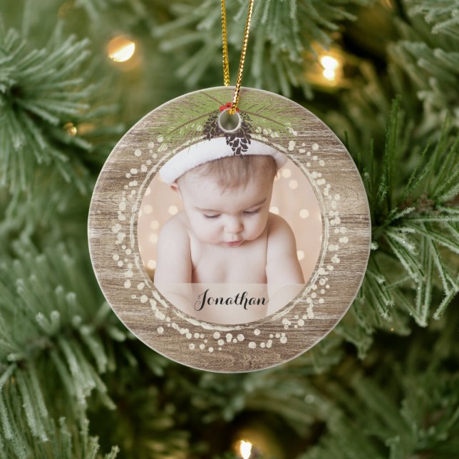 Rustic Christmas Pine Branch & Berries Woodgrain Ceramic Ornament (Tree)