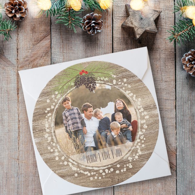 Rustic Christmas Pine Branch, Peace, Love & Joy Holiday Card (Creator Uploaded)