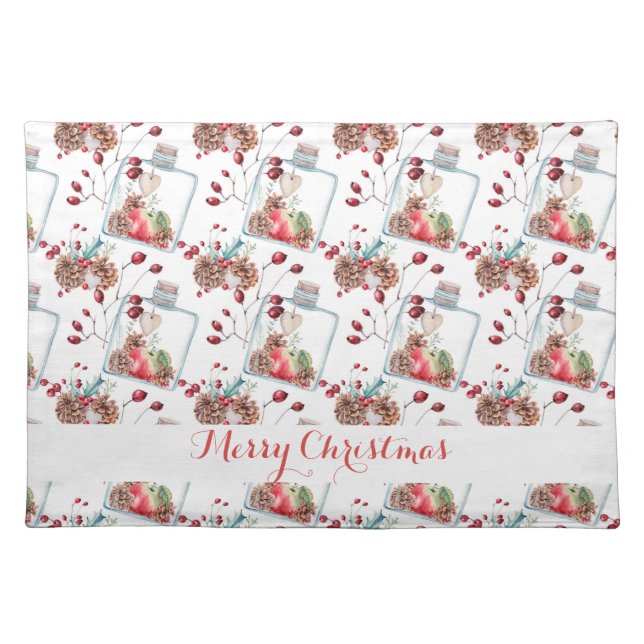 Rustic Christmas Pine Cone Apple Holly Cloth Placemat (Front)