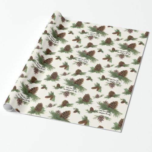 Rustic Christmas Pine Cone Botanical Script Name  Wrapping Paper