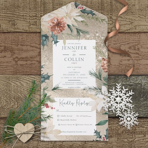 Rustic Christmas Pine Gold Dinner All In One Invitation