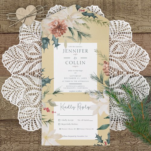 Rustic Christmas Pine Gold Dinner All In One Invitation