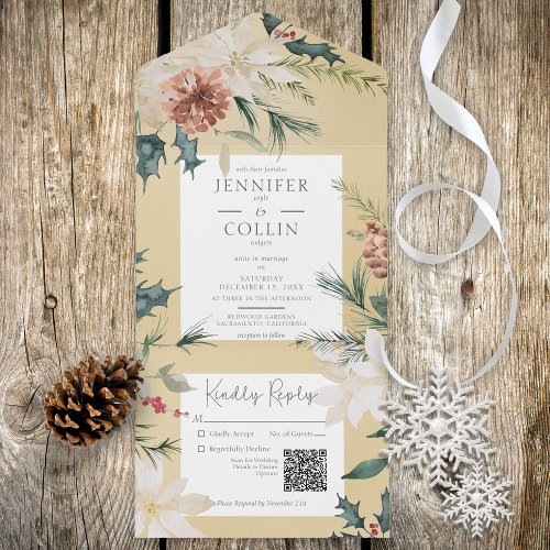 Rustic Christmas Pine Gold QR Code All In One Invitation