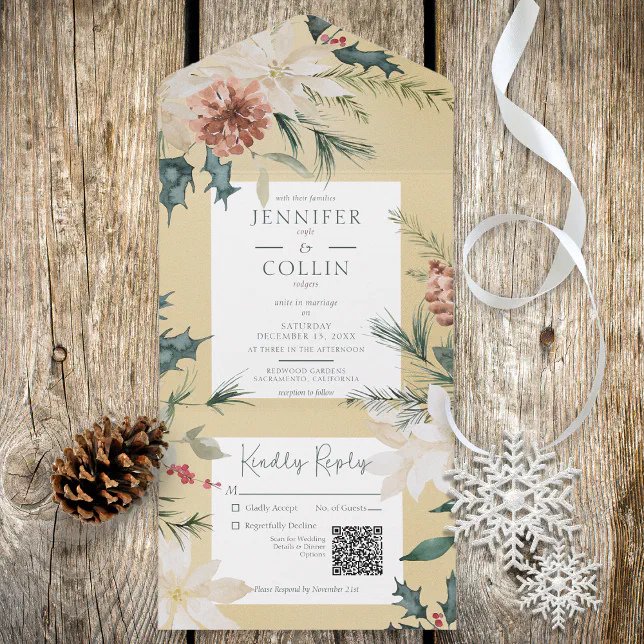 Rustic Christmas Pine Gold QR Code All In One Invitation | Zazzle