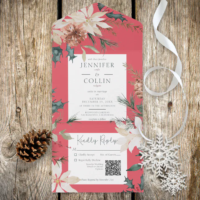 Rustic Christmas Pine Red QR Code All In One Invitation | Zazzle