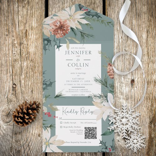 Rustic Christmas Pine Sage Green QR Code All In One Invitation