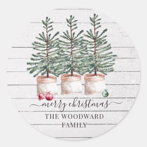 Rustic Christmas Pine Trees Snow Family Name Classic Round Sticker
