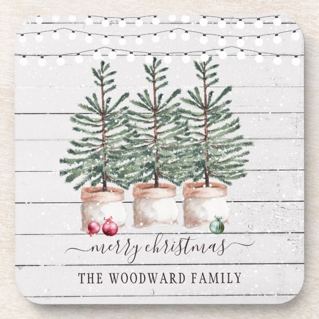 Rustic Christmas Pine Trees Snow String Lights Beverage Coaster (Front)