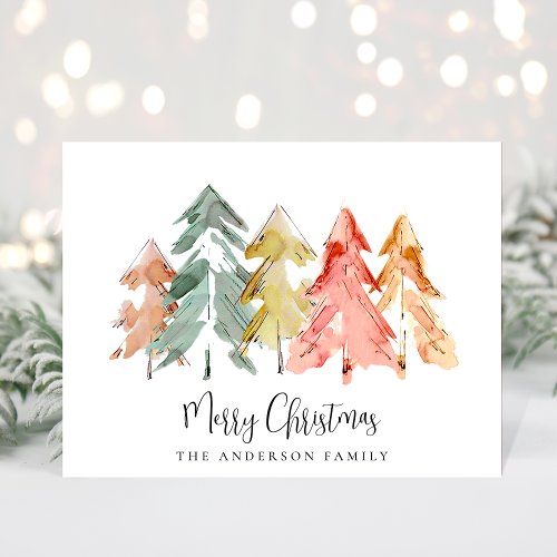 Rustic Christmas Pine Trees Watercolor Holiday Postcard