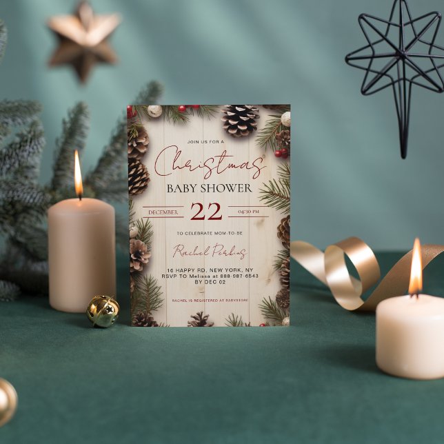 Rustic Christmas Pinecone Berries Wood Baby Shower Invitation (Creator Uploaded)