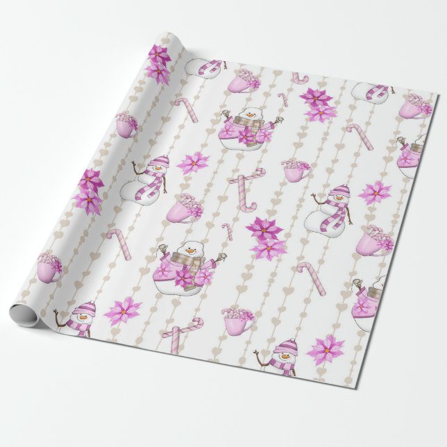 Rustic  Christmas Pink Snowmen and Snowflakes Wrapping Paper (Unrolled)