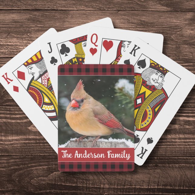 Rustic Christmas Plaid Family Name Cardinal Poker Cards (Playing cards are a fun stocking stuffer. This cardinal and custom text make them extra special.)