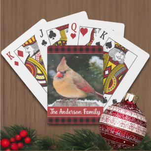 Rustic Christmas Plaid Family Name Cardinal Poker Cards