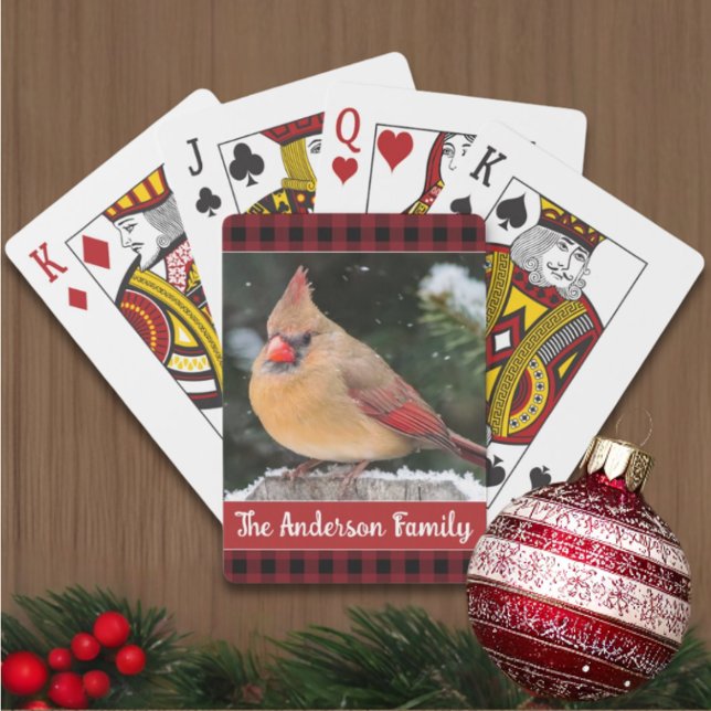 Rustic Christmas Plaid Family Name Cardinal Poker Cards (Playing cards are a fun stocking stuffer. This cardinal and custom text make them extra special.)