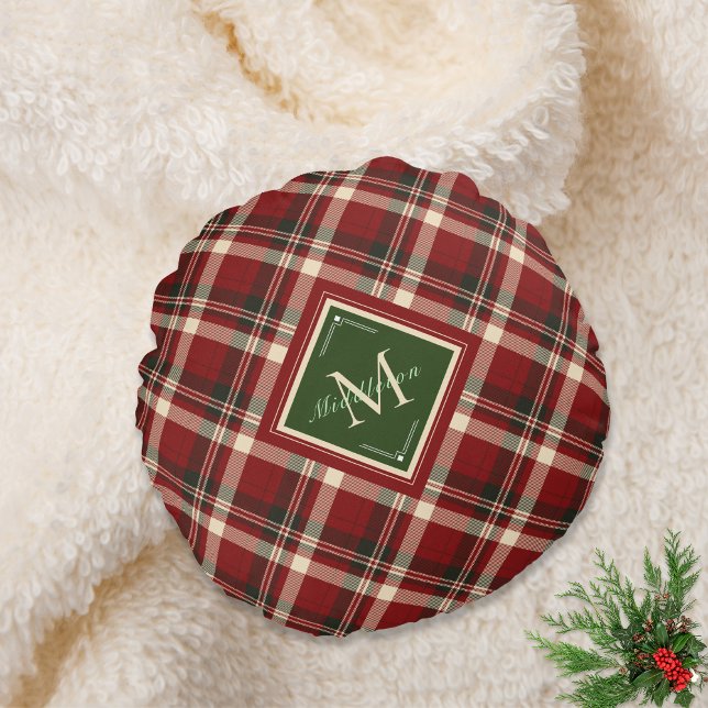 Rustic Christmas Plaid Green Monogram Name Holiday Round Pillow (Creator Uploaded)