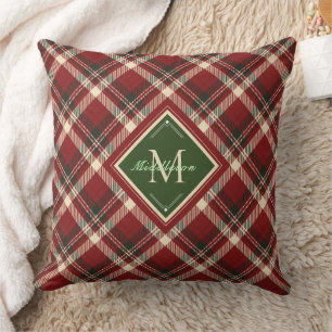 Rustic Christmas Plaid Green Monogram Name Holiday Throw Pillow