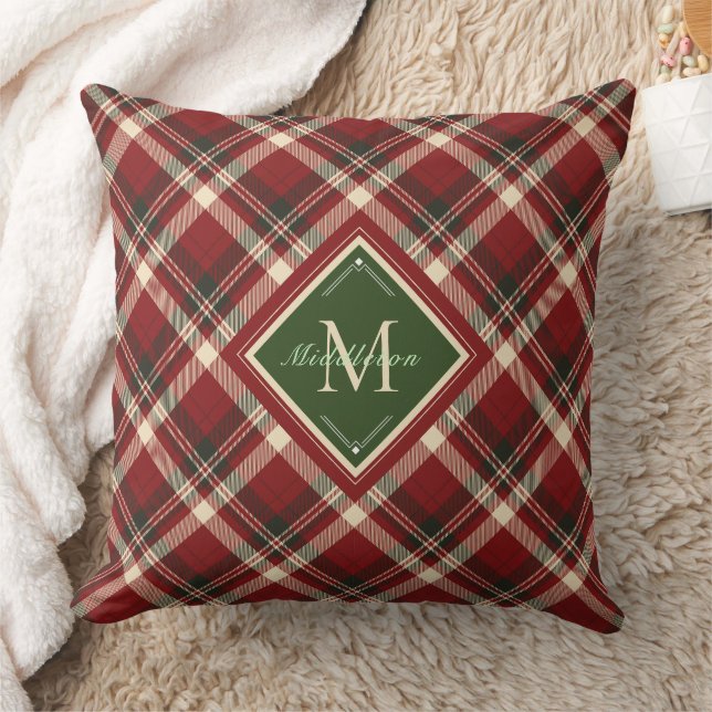 Rustic Christmas Plaid Green Monogram Name Holiday Throw Pillow (Blanket)