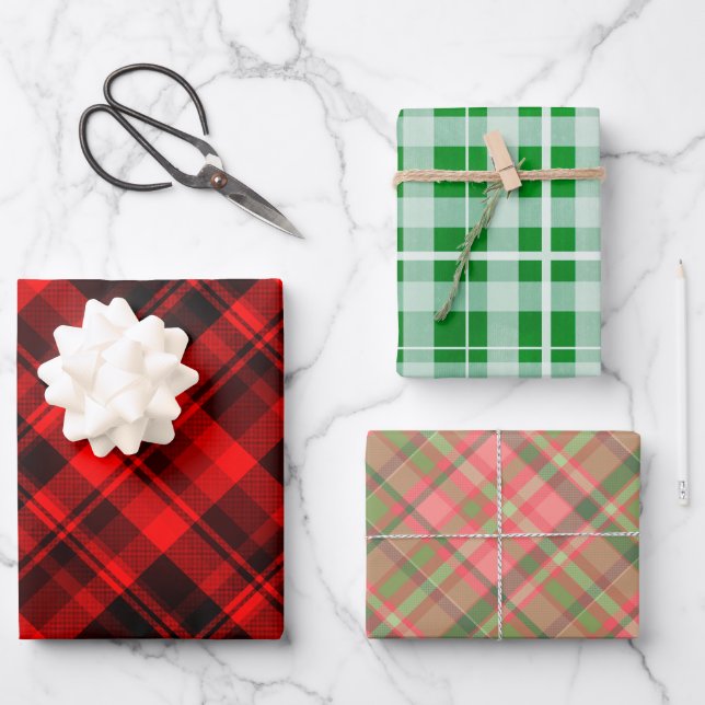 Rustic Christmas Plaid Red and Green Wrapping Paper Sheets (Front)