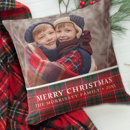 Rustic Christmas Plaid Red Green Photo Throw Pillow