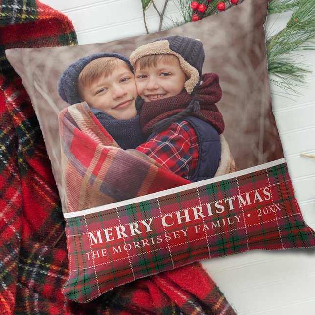 Rustic Christmas Plaid Red Green Photo Throw Pillow (Rustic Christmas Plaid Red Green Photo Throw Pillow)