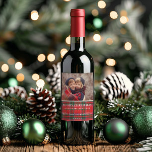Rustic Christmas Plaid Red Green Photo Wine Label