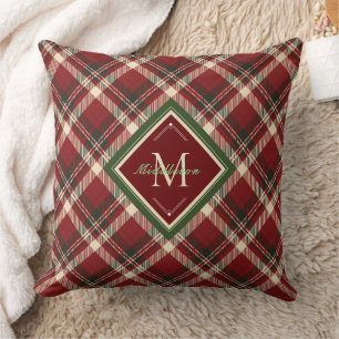 Rustic Christmas Plaid Red Monogram Name Holiday Throw Pillow