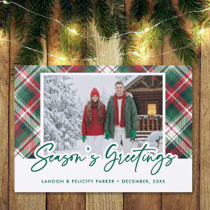 Rustic Christmas Plaid Seasons Greetings Script Letterpress Photo Cards