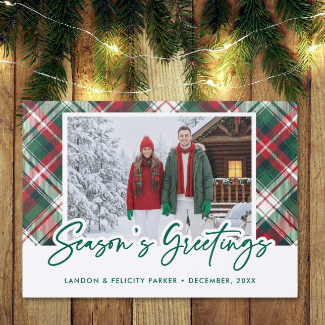 Rustic Christmas Plaid Seasons Greetings Script Letterpress Photo Cards (Rustic Christmas Plaid Seasons Greetings Script Letterpress Photo Cards)