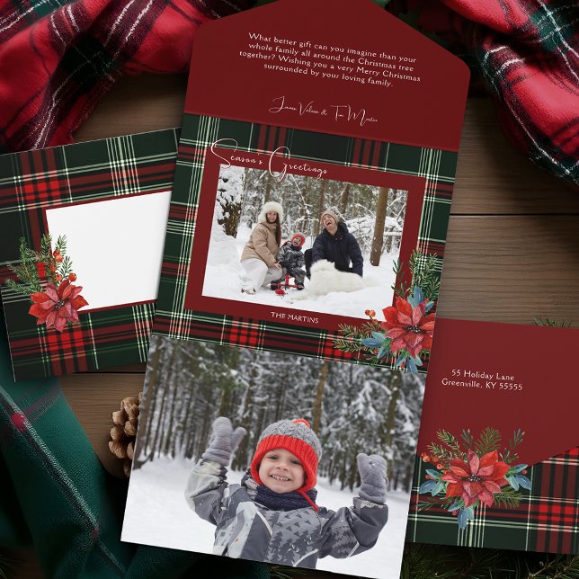 Rustic Christmas Plaid w/Poinsettia & Pine Photo All In One Invitation (Creator Uploaded)