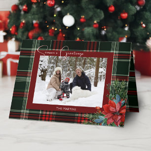 Rustic Christmas Plaid w/Poinsettia & Pine Photo Holiday Card