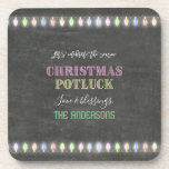 Rustic Christmas Potluck Chalkboard String Lights Beverage Coaster<br><div class="desc">Rustic Christmas Potluck Chalkboard String Lights. A colourful and joyful design to invite your friend to celebrate the season! Use Customise tool to add your info,  make changes. For matching items,  please,  visit my Christmas Potluck Collection.</div>