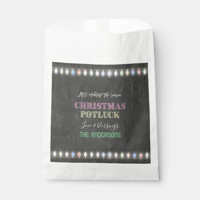 Rustic Christmas Potluck Chalkboard String Lights Favor Bag (Front)