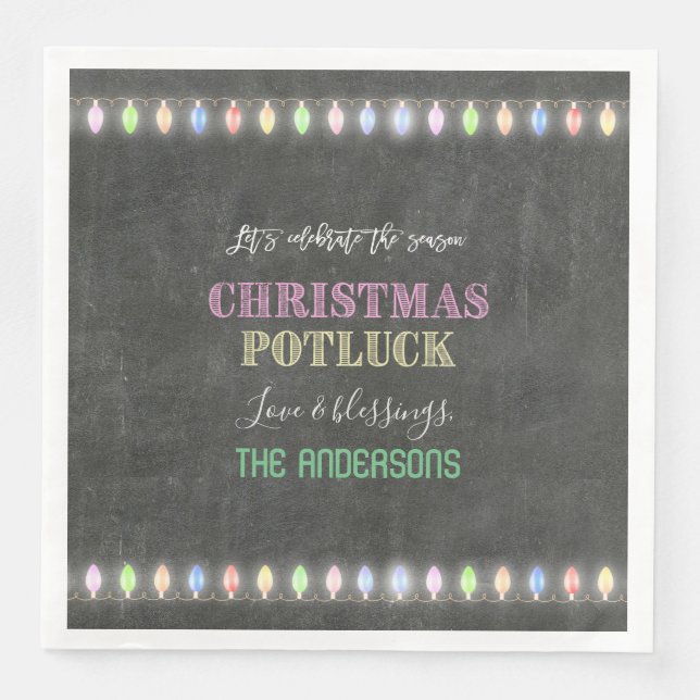 Rustic Christmas Potluck Chalkboard String Lights Paper Dinner Napkins (Front)