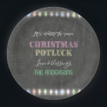 Rustic Christmas Potluck Chalkboard String Lights Paper Plates<br><div class="desc">Rustic Christmas Potluck Chalkboard String Lights. A colourful and joyful design to invite your friend to celebrate the season! Use Customise tool to add your info,  make changes. For matching items,  please,  visit my Christmas Potluck Collection.</div>
