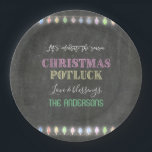 Rustic Christmas Potluck Chalkboard String Lights Paper Plates<br><div class="desc">Rustic Christmas Potluck Chalkboard String Lights. A colourful and joyful design to invite your friend to celebrate the season! Use Customise tool to add your info,  make changes. For matching items,  please,  visit my Christmas Potluck Collection.</div>