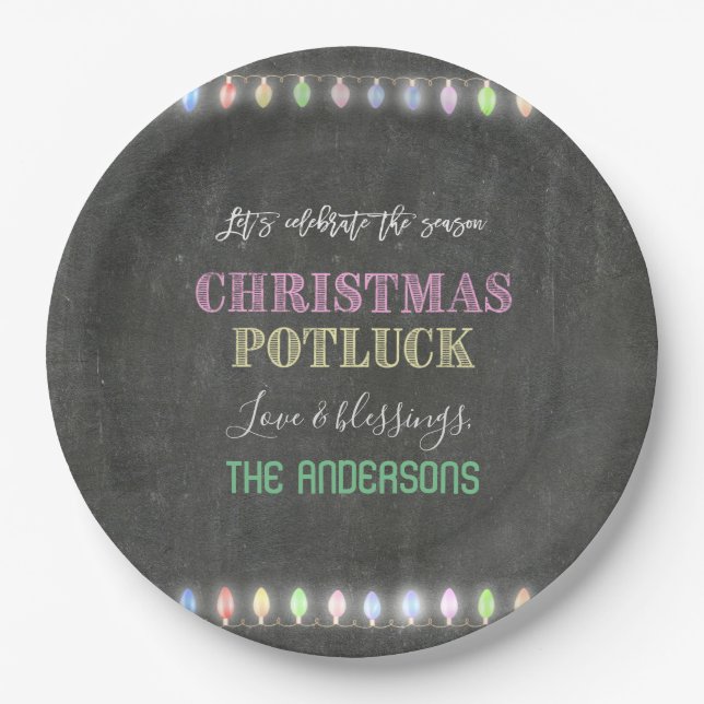 Rustic Christmas Potluck Chalkboard String Lights Paper Plates (Front)