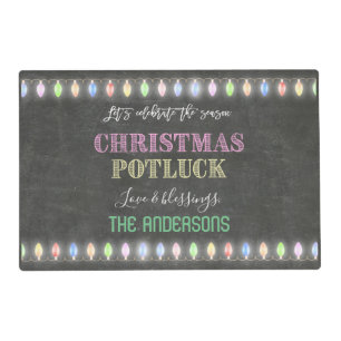 Rustic Christmas Potluck Chalkboard String Lights Placemat