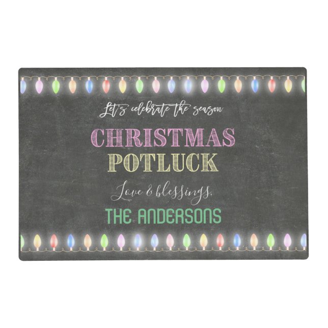 Rustic Christmas Potluck Chalkboard String Lights Placemat (Front)