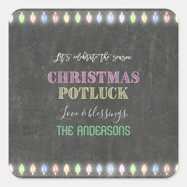 Rustic Christmas Potluck Chalkboard String Lights Square Sticker (Front)