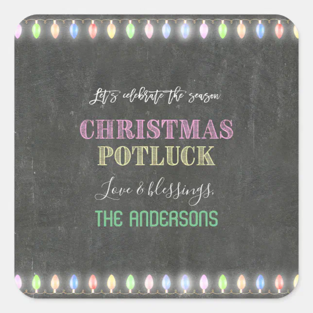 Putluck Sticker Rustic Christmas Potluck Chalkboard String Lights Square Sticker | Zazzle