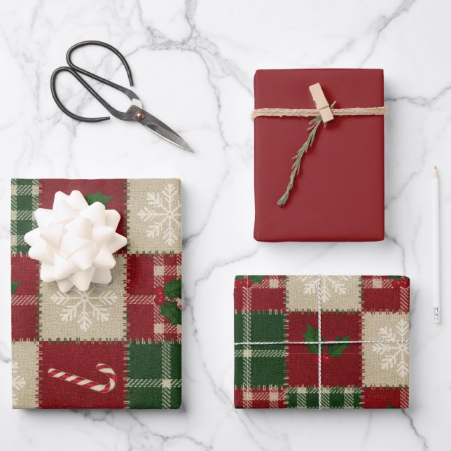 Rustic Christmas Quilt Plaid Wrapping Paper Sheets (Front)