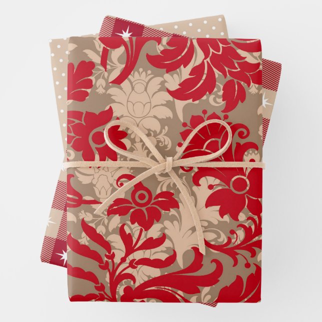 Rustic Christmas Red and Beige Wrapping Paper Set  (In situ)