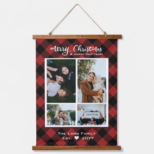 Rustic Christmas Red Black Buffalo Plaid Wood Hanging Tapestry