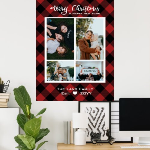 Rustic Christmas Red Black Buffalo Plaid Wood Poster