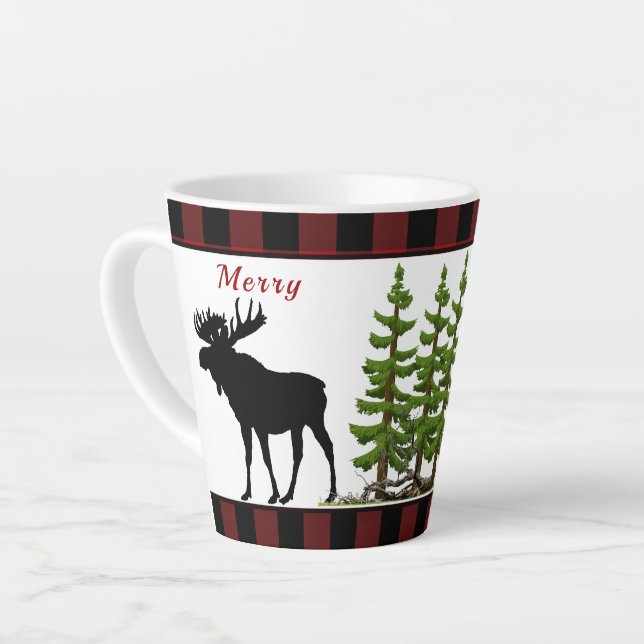 Rustic Christmas Red Black Check Pattern Moose  Latte Mug (Left Angle)