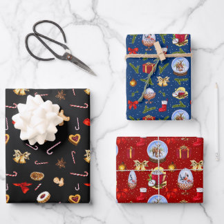 Rustic Christmas Red Blue and Black Set of 3 Wrapping Paper Sheets