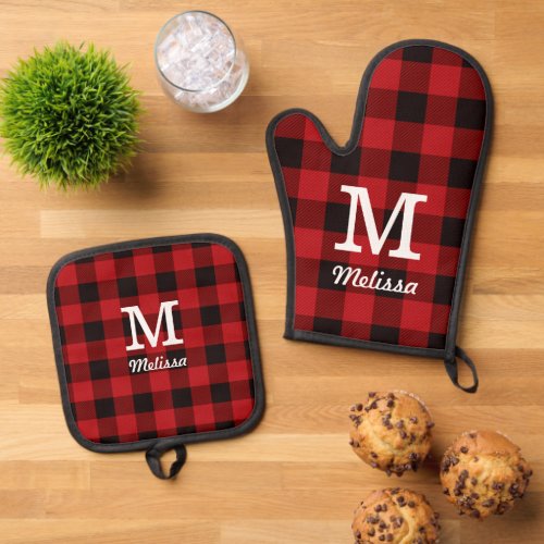 Rustic Christmas Red Buffalo Plaid Monogram  Oven Mitt  Pot Holder Set